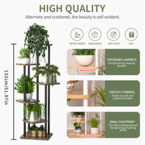 Multi-tier wooden plant stand with 4, 5, or 6 shelves in white or black, for indoor and outdoor flower pot display